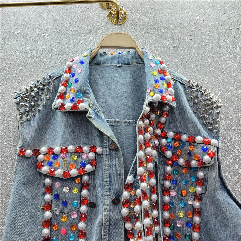 Schwerindustrie Strass Perlen Mode Jeans jacke Weste für Frauen 2023 Herbst neue lose Revers Niet ärmellose Jeans weste