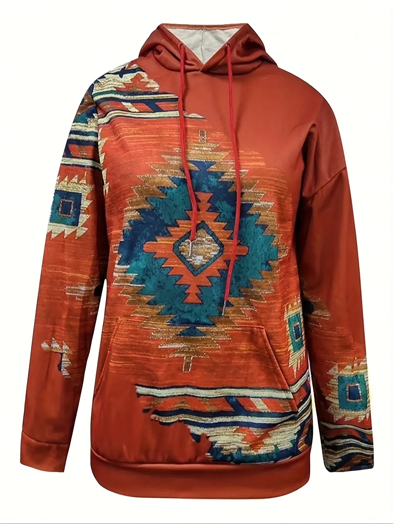 Women Plus Size Rust Western Aztec Tribal Geometric Print Drawstring Hoodie Pocket Oversized Daily Sweatshirt