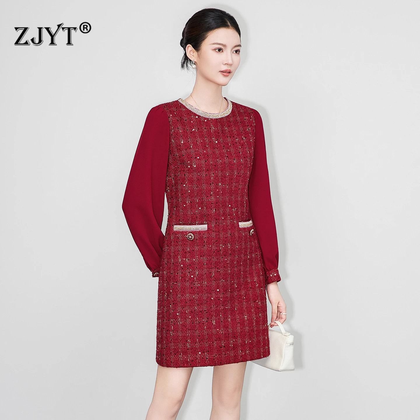 

ZJYT женские твидовые шерстяные платья с бисером на осень, новинка 2025, модное винтажное повседневное черное платье с длинными рукавами и блестками, Vestidos