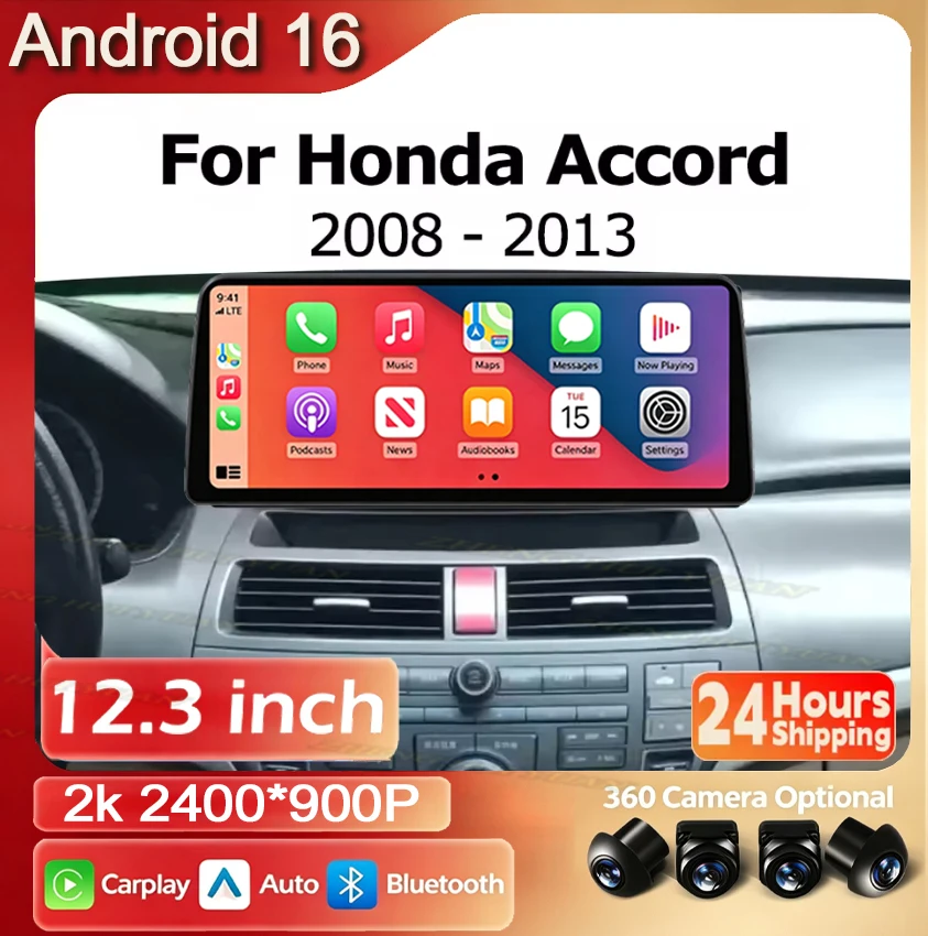 Android 16 12.3 inch For Honda Accord 2008-2013 Car Radio Multimedia Video Player Navigation GPS Auto Carplay Bluetooth WIFI