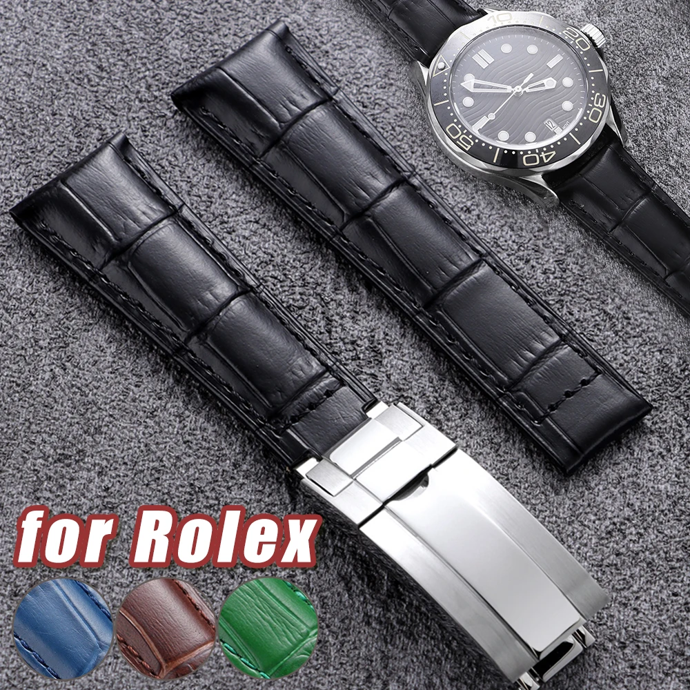 جلد العجل حزام (استيك) ساعة ل رولكس الغواصة المياه شبح دايتونا GMT 20 مللي متر حزام مقاوم للماء أساور الأعمال مشبك قابل للطي #1