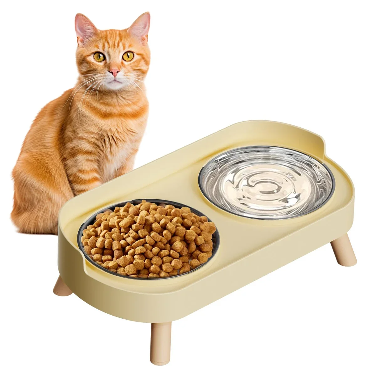 Double bol surélevé pour animaux de compagnie, 2 plats d'eau et de nourriture en acier inoxydable, support anti-éclaboussures pour chats, lavable au lave-vaisselle, mangeoire de grande capacité