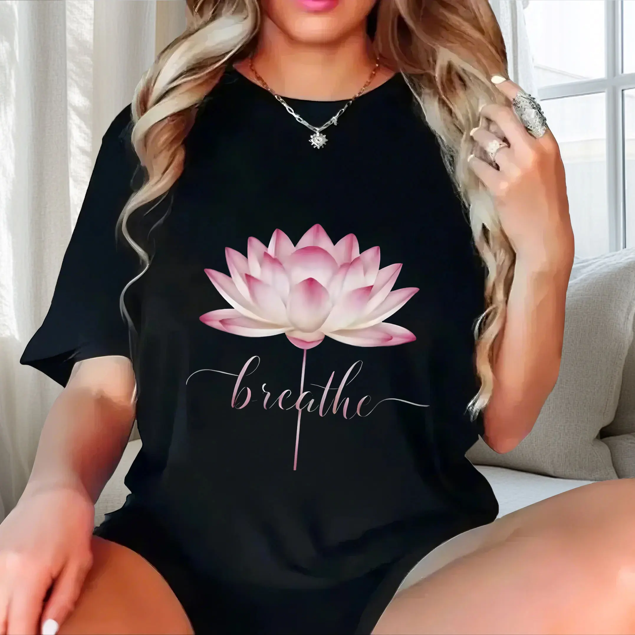 

Lotus flower+light and fairy like English print plus size Ladies' casual short sleeved T-shirt black