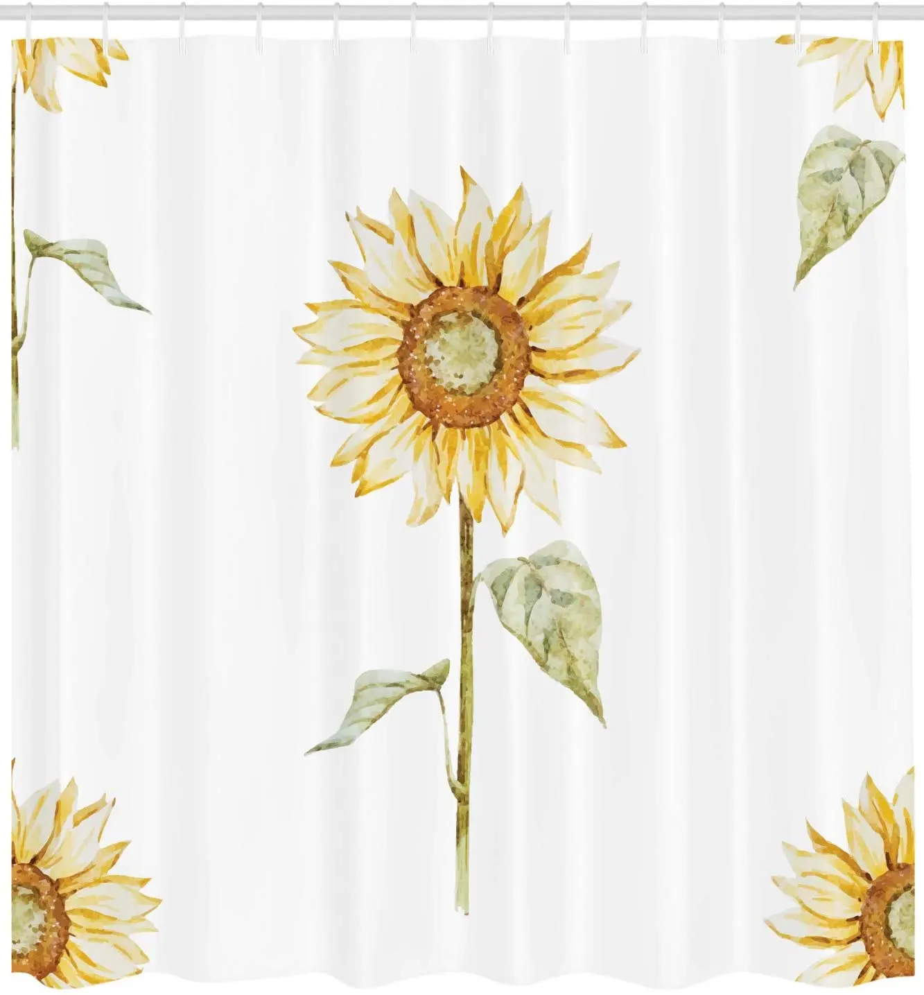 Sunflower Shower Curtain Watercolor Yellow Flowers Painting Effect Minimalistic Design Fabric Bathroom Decor Curtains Set Hooks