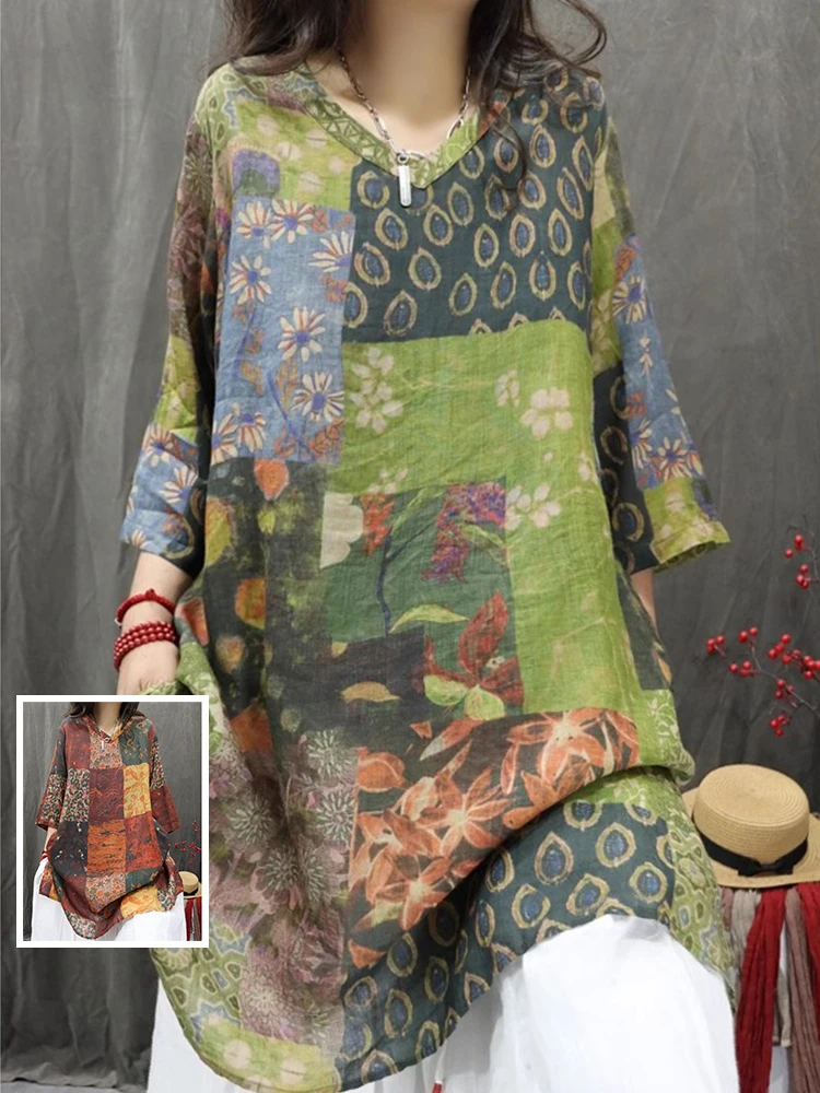 

Летняя женская свободная футболка с v-образным вырезом длиной миди, льняная смесь со светом, топ с цветочным принтом, повседневный удобный топ