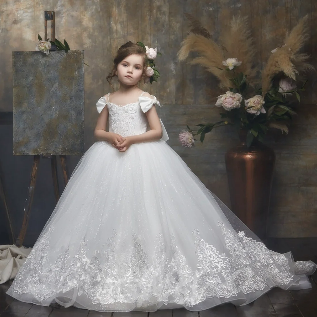 Communion Dresses -sleeved Tulle Lace Decal Princess Flower Girl Dress Wedding Party Ball Dream Kids