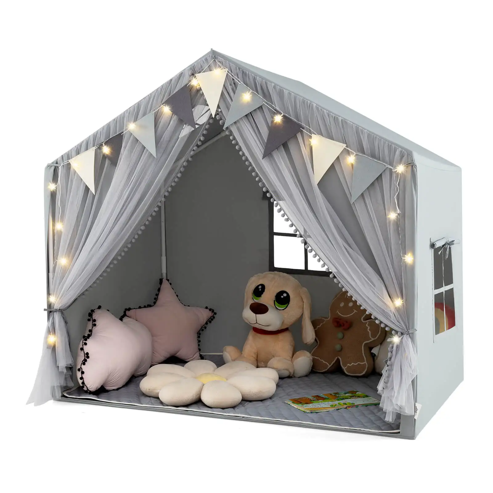 Kids Play Tent w/ Door Curtains Windows Star Lights Colorful Flags Padded Mat