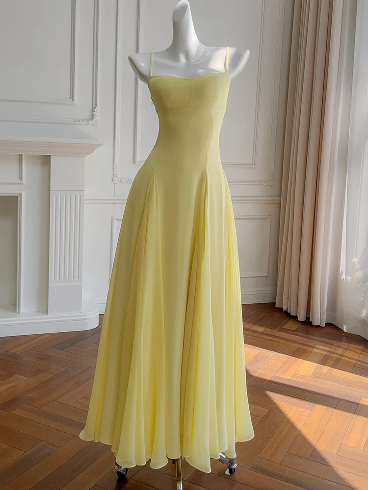 

Желтое платье на бретельках с утягивающей талией, длинное праздничное платье, новинка лета, Sle Ele Aosphere, повседневная шикарная длинная юбка