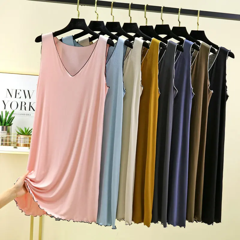 Modal Edible tree fungus Tank Dress summer women V-Neck sundress Camisole Thin bottomed slipdress homewear sleepdress solid