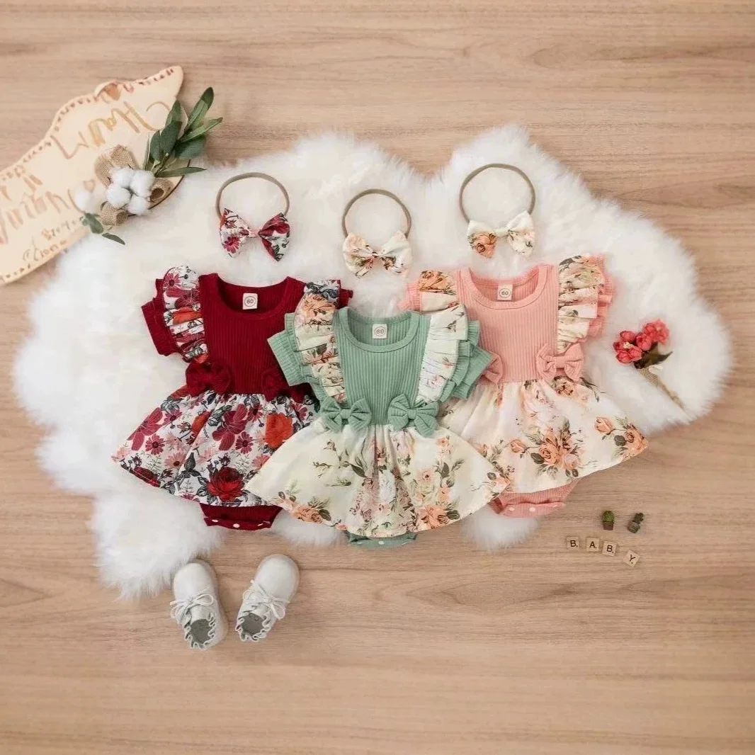 2026 Summer Baby Girl Dress With Bowknot Striped Jumpsuit Cotton Dress For Newborn Floral Clothes Baby Crawling Clothes