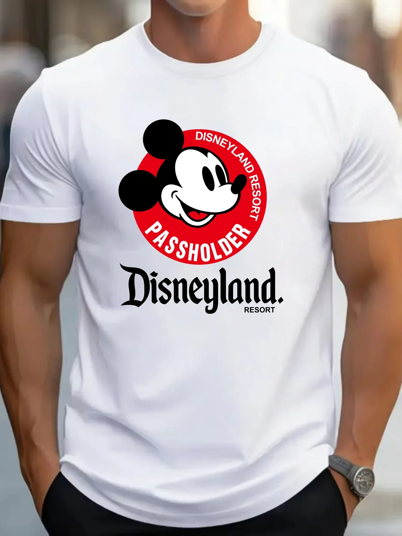 Vibrant Cartoon Mickey Head Disneyland Circle Logo Knit T-Shirt - Soft Cotton Regular Fit Short Sleeve Slight Stretch