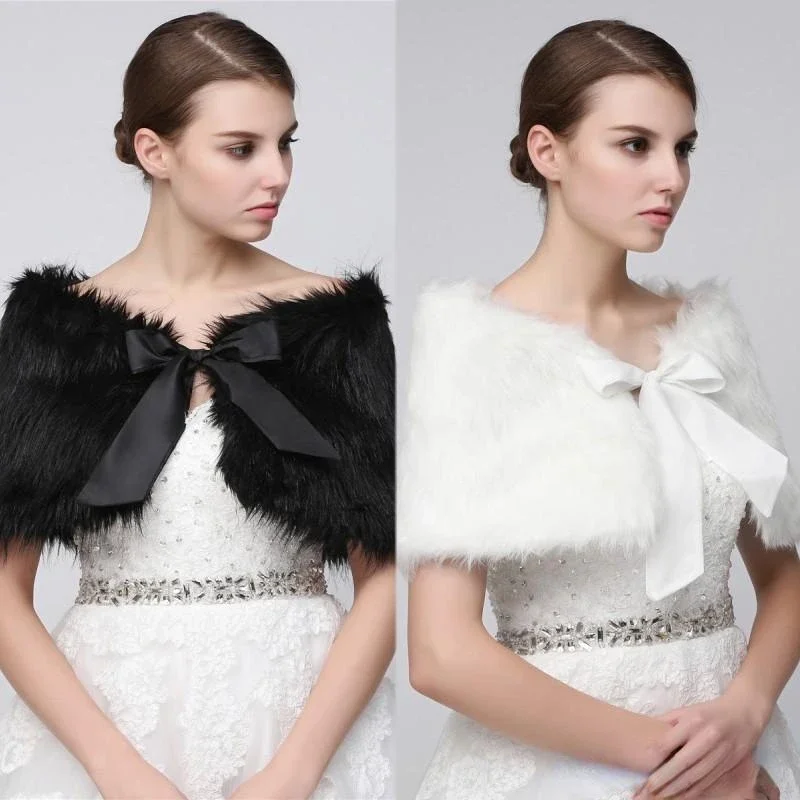 

White Black Bridal Wrap Shawl Coat Jackets Boleros Shrugs Regular Faux Fur Stole Capes Wedding Party 17-001