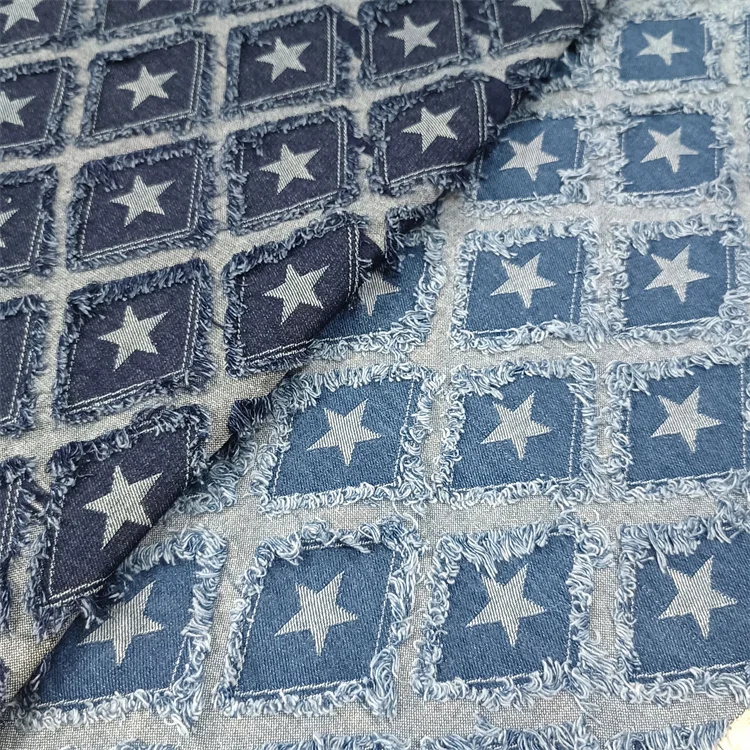 

Five-star Rhombus Fringed Denim Washed Thick Clothing Jacket Pants Fabric DIY Handmade
