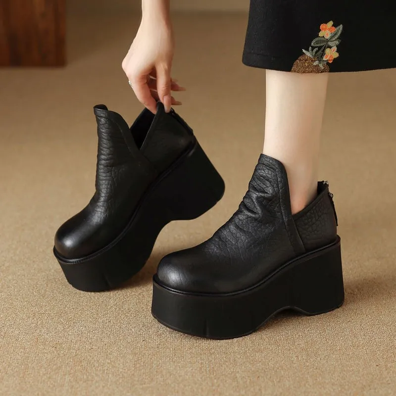 

9CMPetite Thick-Soled Wedge Short Boots Versatile Round-Toe Ankle Boots2025New Winter Waterproof Platform Sponge Sole Boots