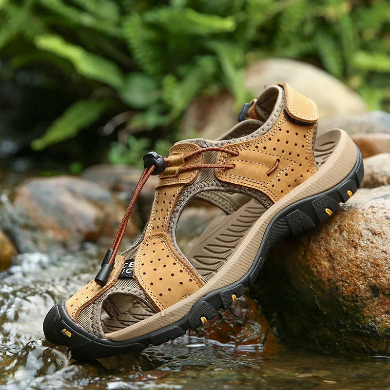 Outdoor lässig Leder Männer Wasser Strands andalen Sommer geschlossene Zehen Sports andalen rutsch feste weiche Wander wat Turnschuhe Größe 38-48