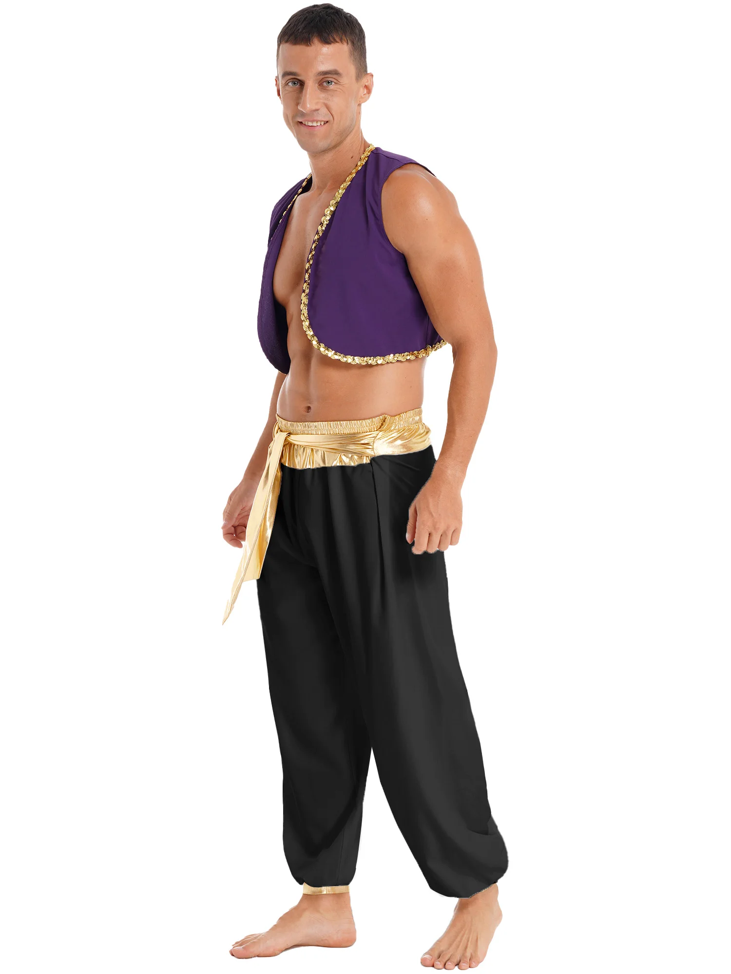 Mens Halloween Arabian Prince Cosplay Costume Carnival Party Aladin Role Play Outfit Sequin Trim Waistcoat with Belted Pants