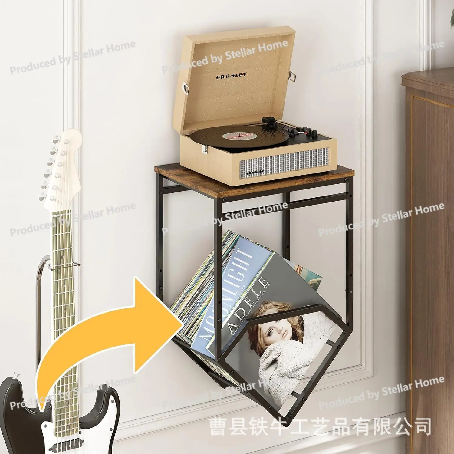 Iron Wood Record Player Bracket with Wall-mounted Vinyl Record Rack, Record Player Bracket, CD Storage Rack