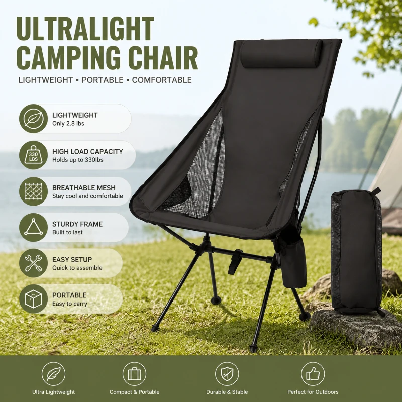 

Headrest Design Aluminum Alloy Folding Camping Chair Lightweight Portable Practical Gear for Outdoor Travel Fishing
