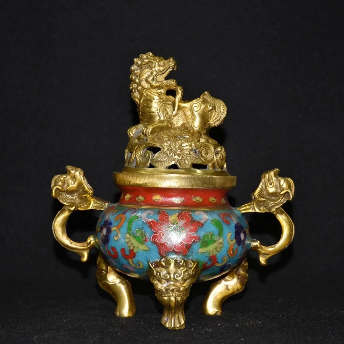 Early Antique Solid Brass Cloisonne Gilded Incense Burner Double Dragon Ears Lion Lid Copper Collectible Censer