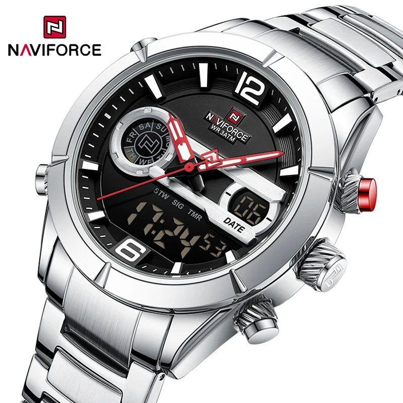 naviforce-メンズカジュアルクォーツ腕時計デジタルアナログ腕時計スチールバンド日付表示メンズ時計トレンド