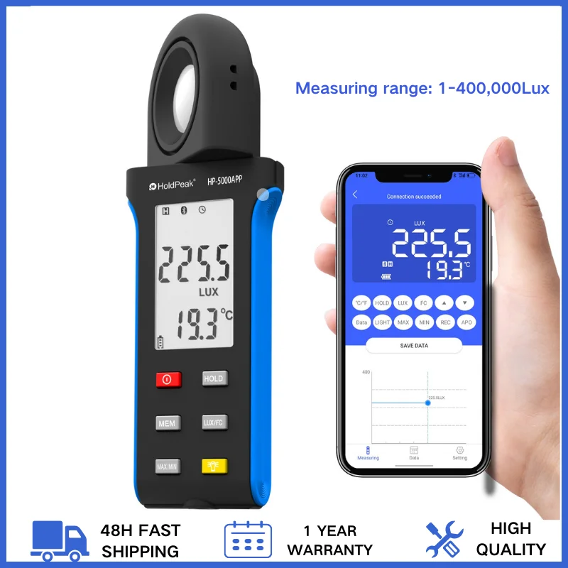 

Bluetooth Illuminance Light Meter - 0.1-400,000 Lux, 270° Rotating Sensor, Ideal for Plants, Car Headlights, Home & Office LED