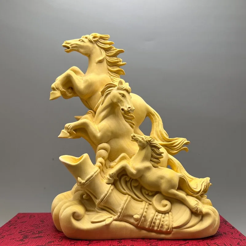 Hand-Carved Boxwood Running Horse Family Statue - 5.9