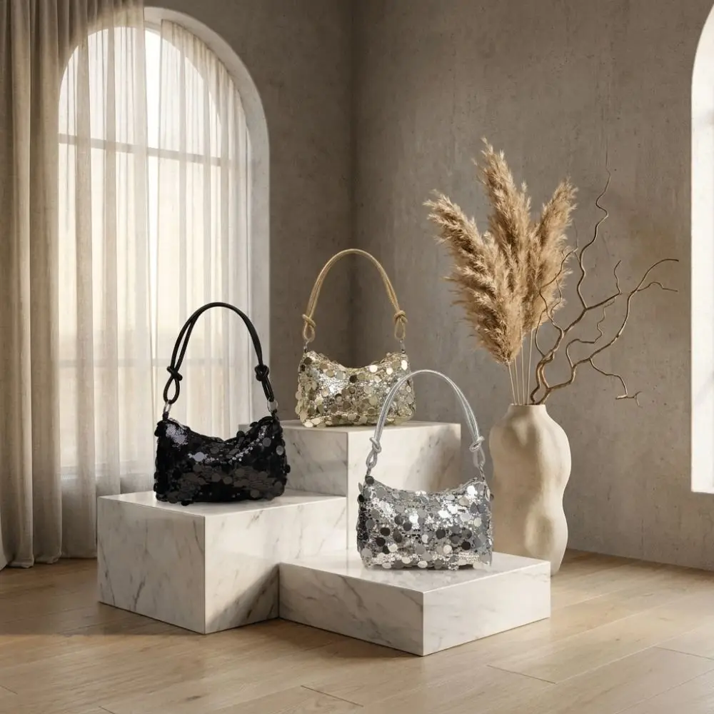 Elegant Sequin Evening Clutch Polyester Lining PU Knotted Handle Sparkly Shoulder Bag Large Capacity Glitter Underarm Bag Party