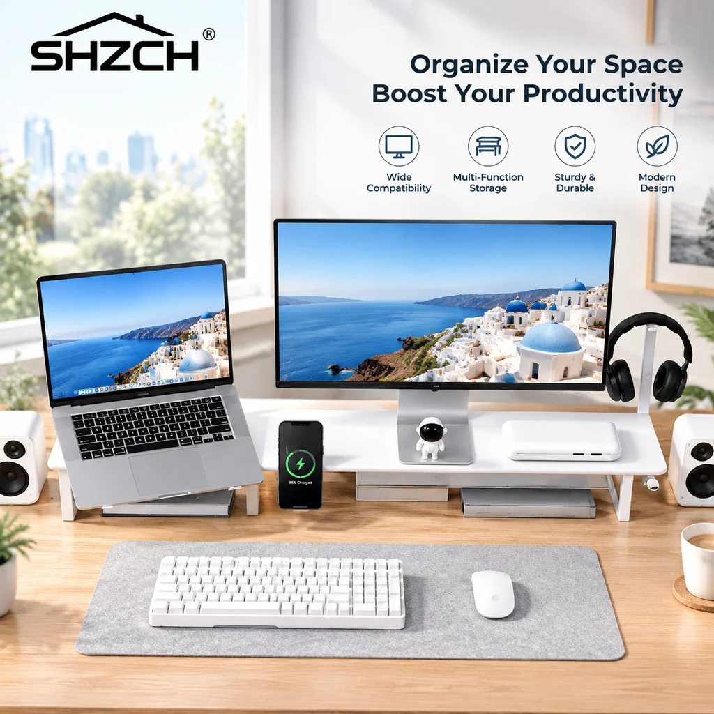Z3 Modular White Monitor Stand Ergonomic Computer Riser Minimalist Screen Elevator Rack for Office Space Saving Desk Organizer