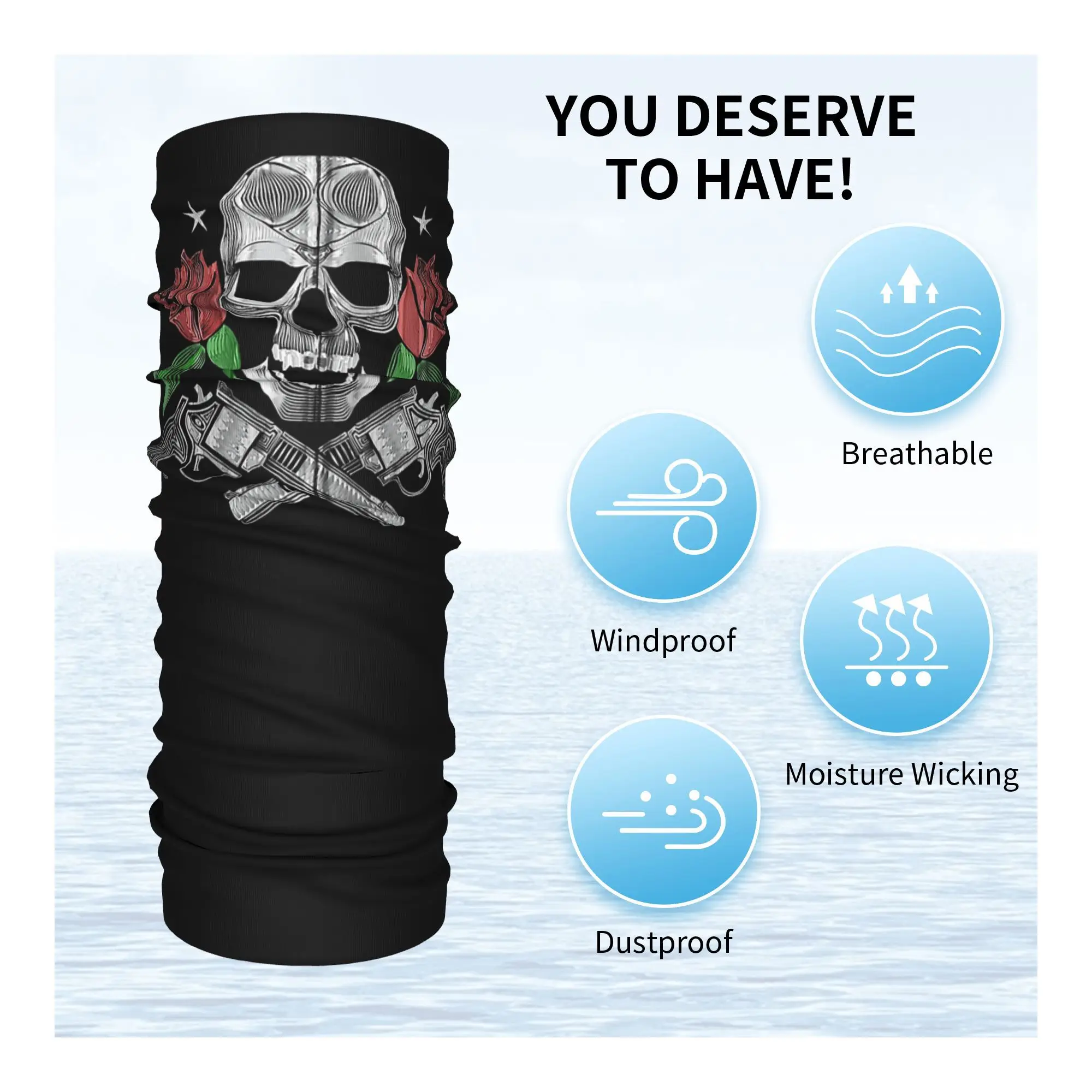 الورود الحمراء مع البنادق والجمجمة تصميم الرمز البريدي هوديي باندانا الرقبة الجراب المطبوعة وشاح سحري دافئ عقال ركوب الخيل