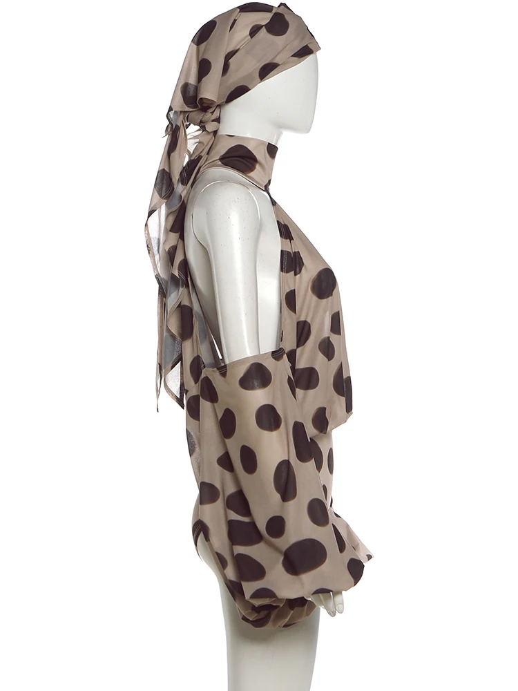 Weird Puss Dot Patchwork-Print-Playsuit + Kopftuch, Damen-Strampler mit Neckholder, schulterfreiem Rückenausschnitt und Laternenärmeln im Street-Fashion-Stil – Detail 4