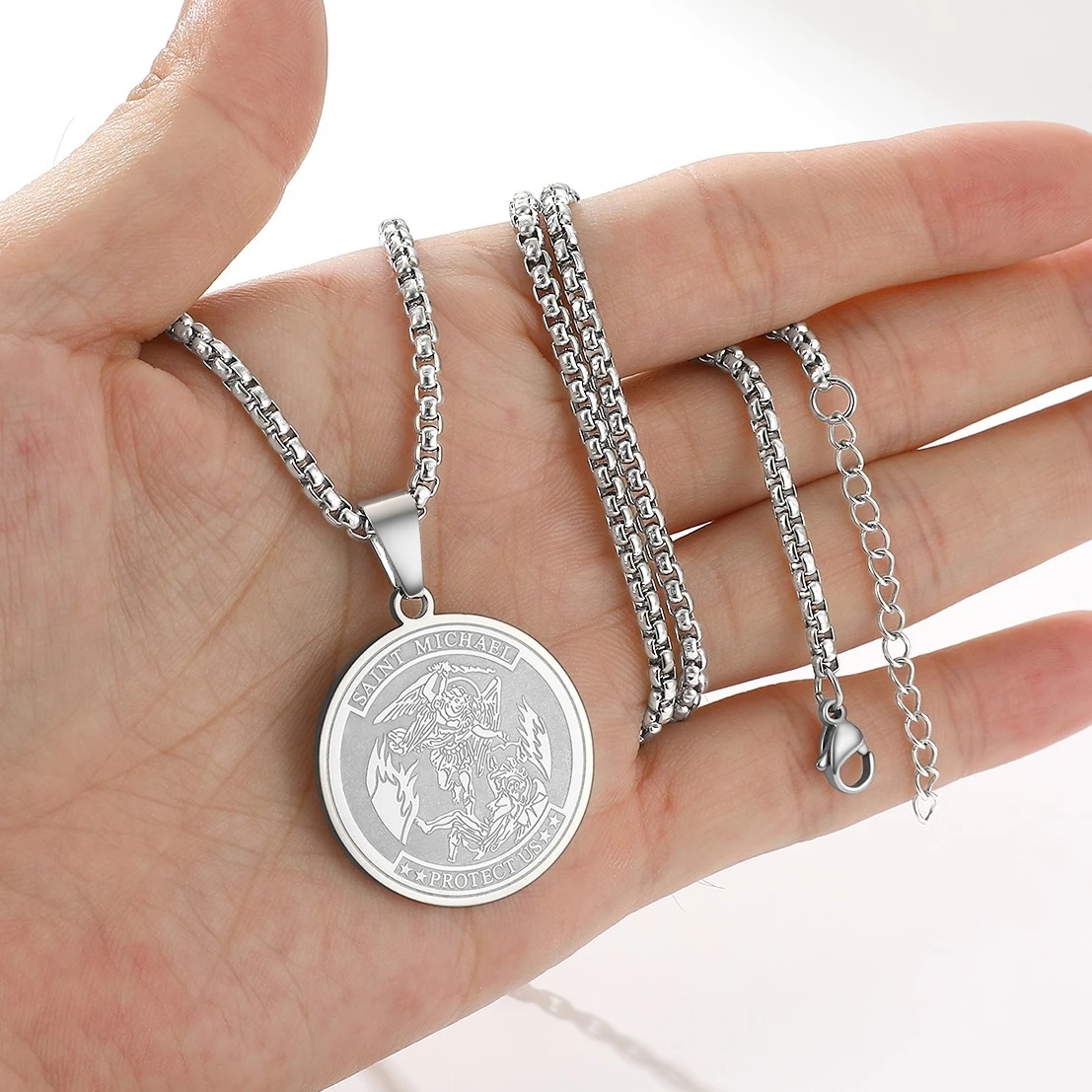 U7 Stainless Steel Oval Round Shield Pendant St. Michael Necklace Saint Biblical Archangel Bible Verse Protection Amulet Jewelry