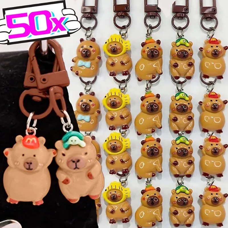 1/50Pcs Kawaii Cartoon Mini Capybara Keychains Charms Bright Animal Bag Earphone Keychain Cute Car Pendants Decoration Keyrings