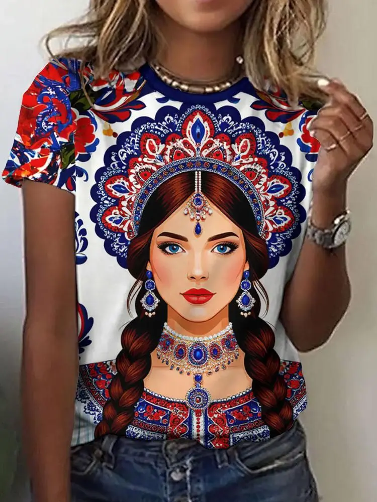 Russian Girl Ethnic Floral 3D Print T-Shirts Women's O-Neck Short Sleeve T Shirt Harajuku Tees Y2k Tops Female Street Clothing