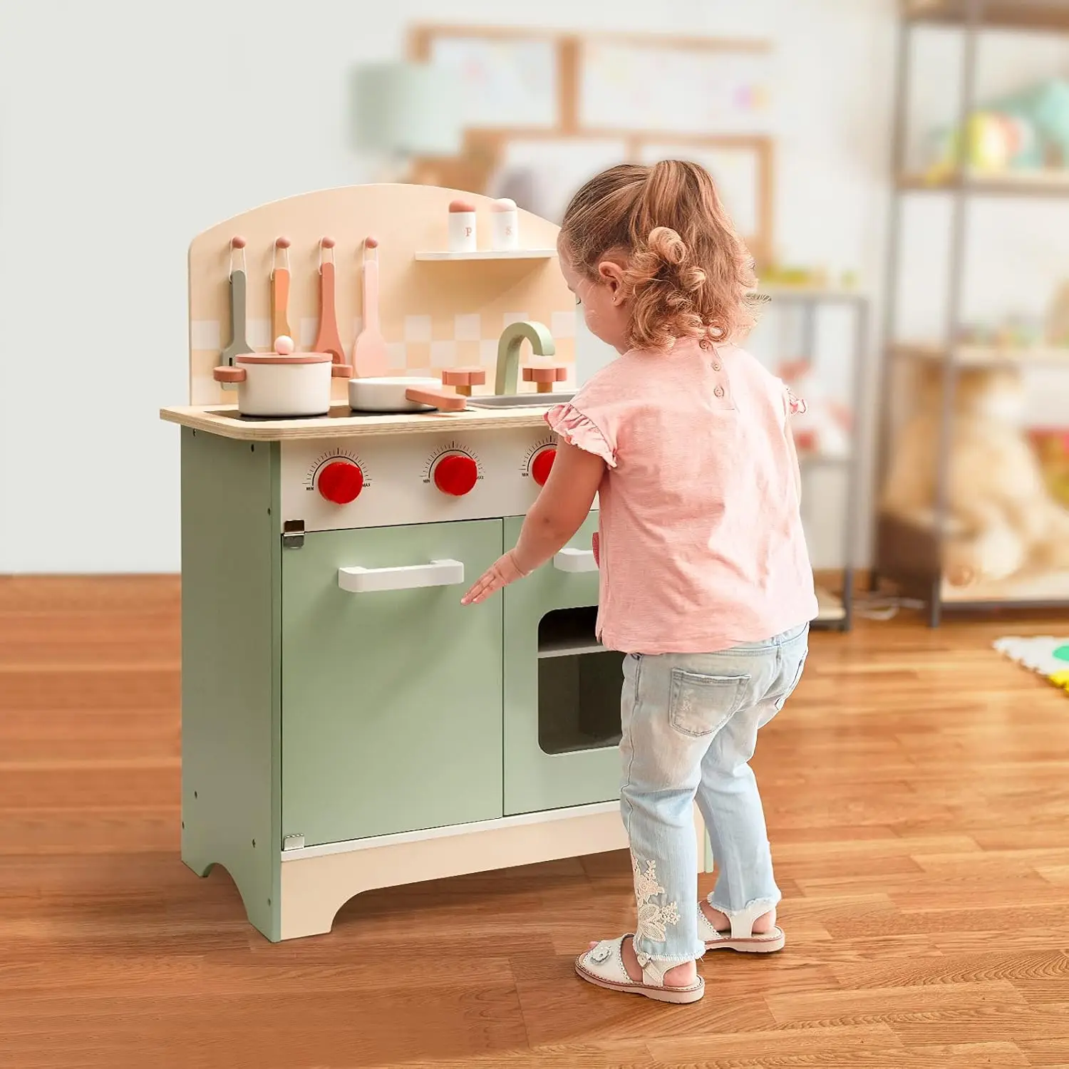 Robotime Robud Wooden Play Kitchen Realistic Kitchen Set Wood Chef Pretend Kids Kitchen Playset for Kids Boys Girls 3+ Green