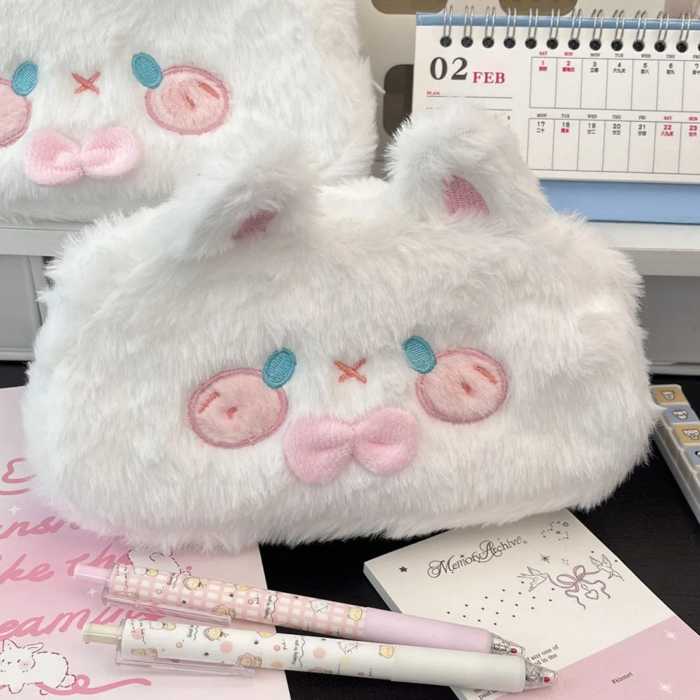 Plush rabbit pencil case, cute cartoon style simple student storage multifunctional stationery bag with high appearance value