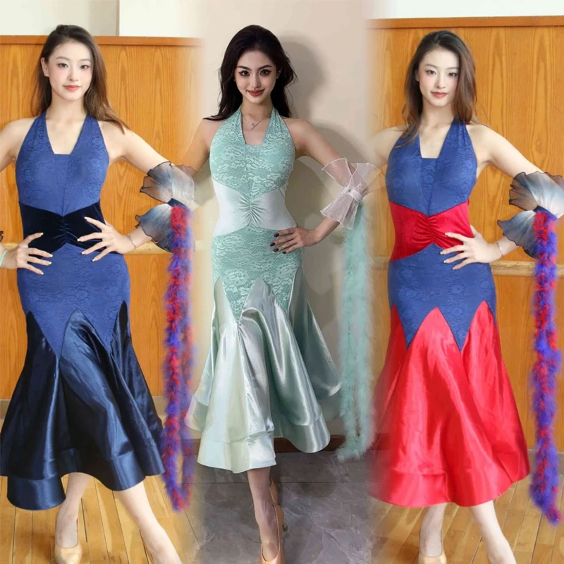 

Fashion Women Latin Dance Professional Dresses Ribbon Ballroom Dance Competition Costume Adults Modern Dancing Wear SL12852