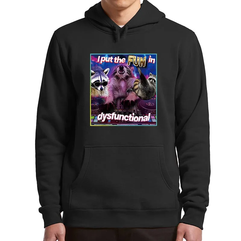 

I Put Fun in Dysfunctional Hoodies Retro Raccoon Opossums Lovers Graphic Hooded Sweatshirt Soft Unisex Y2k Pullovers