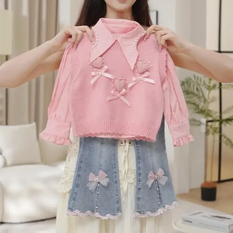 

Spring and Autumn Girls' Clothing Set 2026 New Children's Vest Knitted Shirt Jeans Stylish Girls' Three Piece Set