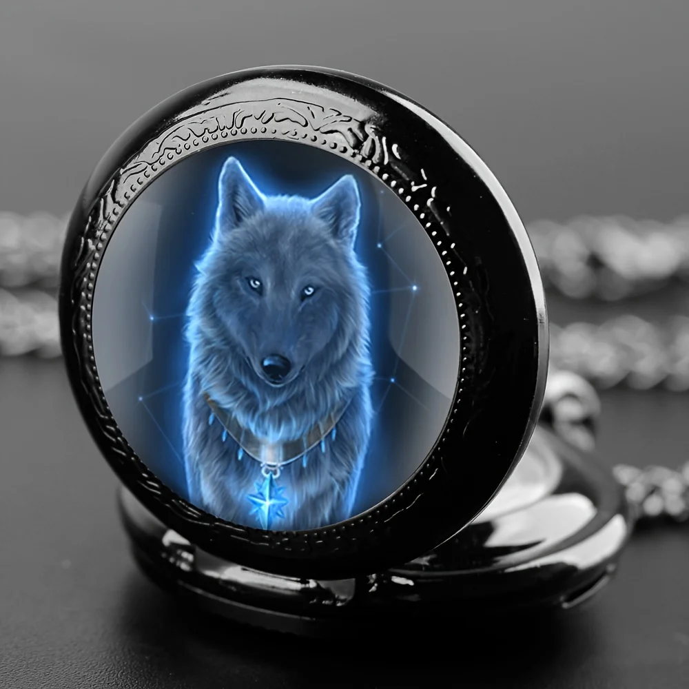 Exquisite Wolf Animal Pattern Quartz Pocket Watch with Necklace Pendant World-Time Feature, Analog Display For Women Men Kids