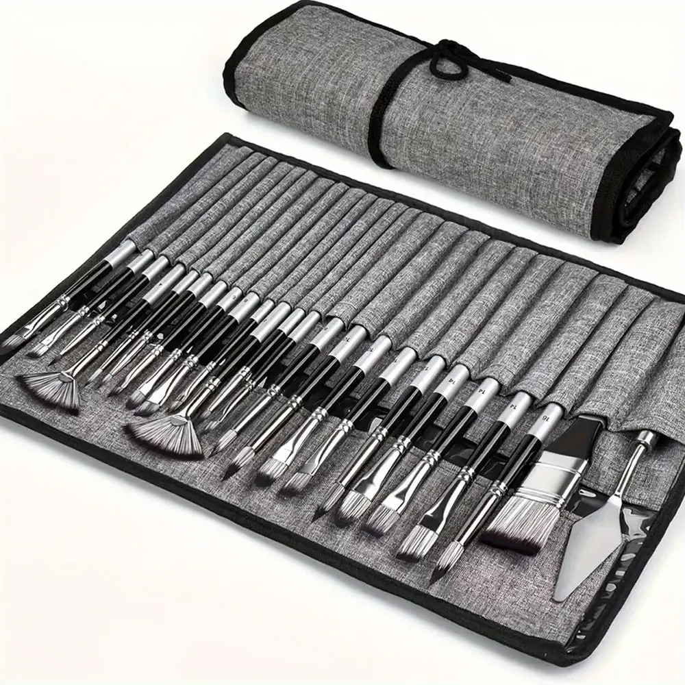 24 different shapes silver-gray brush set cloth bag storage easy to carry suitable for watercolor and oil painting art supplies