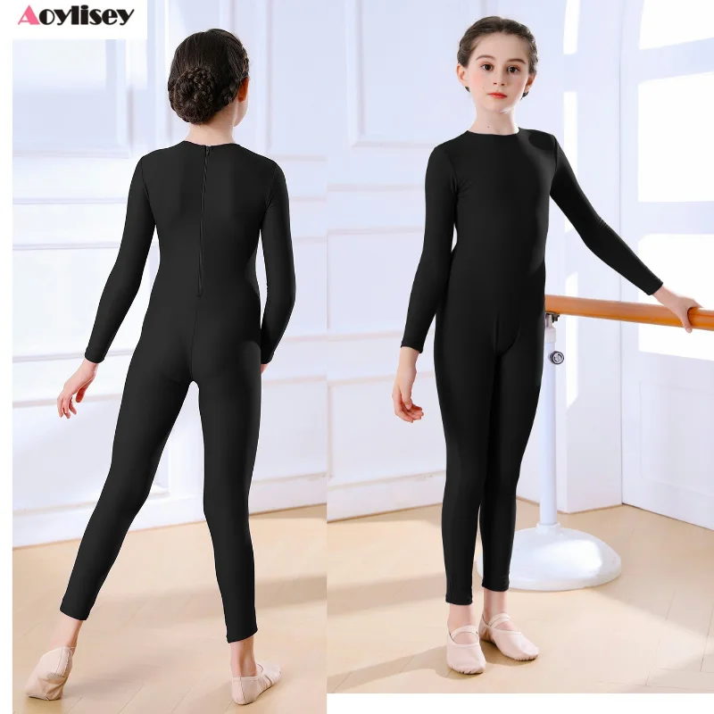 AOYLISEY Girls Dance Unitard Kids Ballet Skate Gymnastics Full Body Leotard Black Long Sleeve Bodysuit Children Jumpsuit Wear