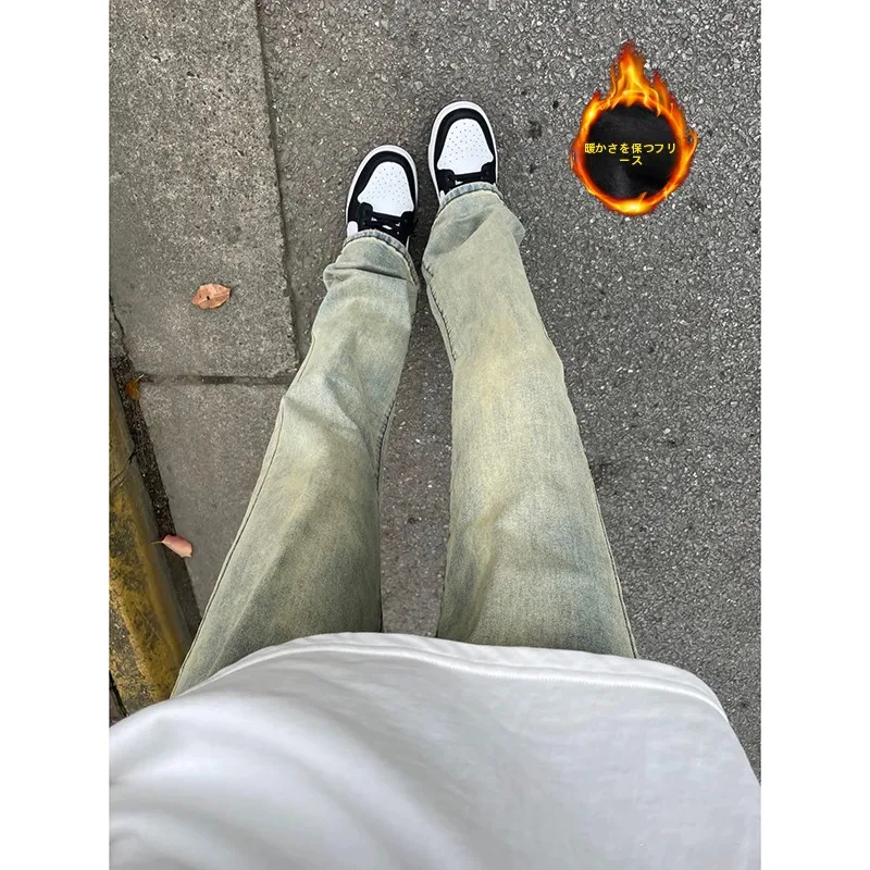 

Men's Fleece Lined Denim Jeans mid Waist Long Trousers Straight Leg High Street Style Winter Wear Youth Fashion Resistant