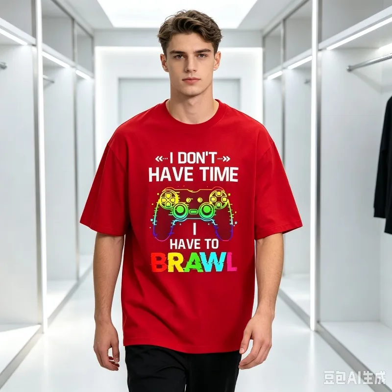 I DON'T HAVE TIME I HAVE TO BRAWL Neon Game Controller Graphic Printed Cotton Men’s Oversized T-Shirt, Casual Streetwear Top