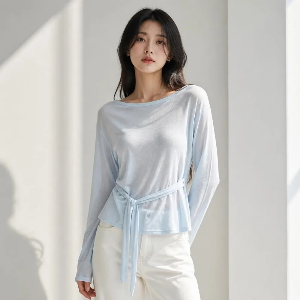 Simple Sheer Long Sleeve T-Shirt Off Shoulder Back Tied-up Oversize T-Shirt Loose Waist-Cinching Top Autumn Season