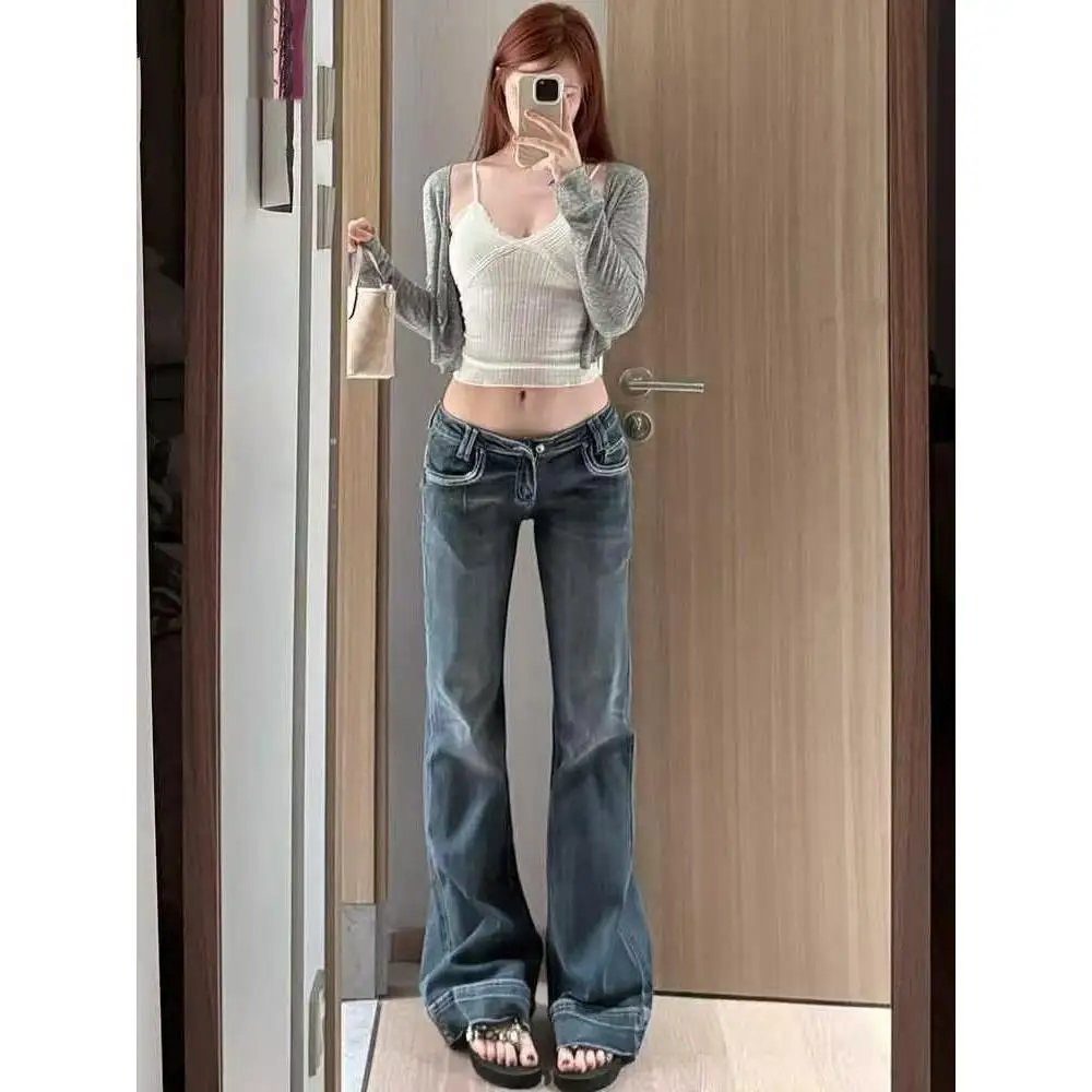 Été nouveau Sle rétro taille basse bleu jean femmes minceur ajusté Flare pantalons longs épicé fille haute rue bleu profond Denim