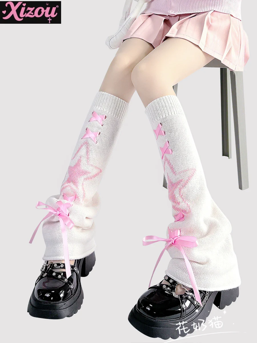 Personality Girl Y2K Subculture Leg Cover Female Hottie Japanese Black Pink Star Cross Strap Bow Lolita Stacked Sock Cover Women