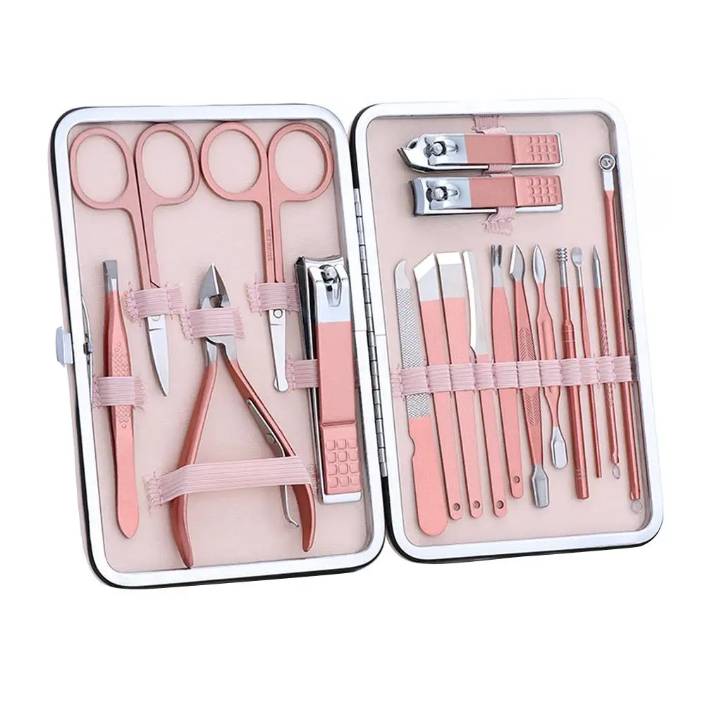 7/12/16/18 Pcs Spring Pink New Stainless Steel Nail Clippers Set Grooming Tool Set With Portable Case Manicure Art Tool