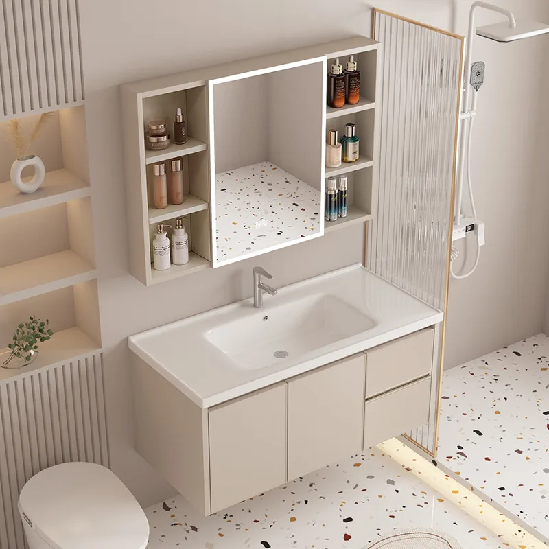 

Cream wind aluminum alloy bathroom cabinet double drawer storage toilet wash basin wall hanging wash table ceramic integrated ba