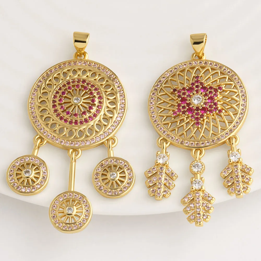 OCESRIO Pink Crystal Big Dream Catcher Pendant for Necklace Mandala Flower Copper Gold Plated Jewelry Making Component pdtc070