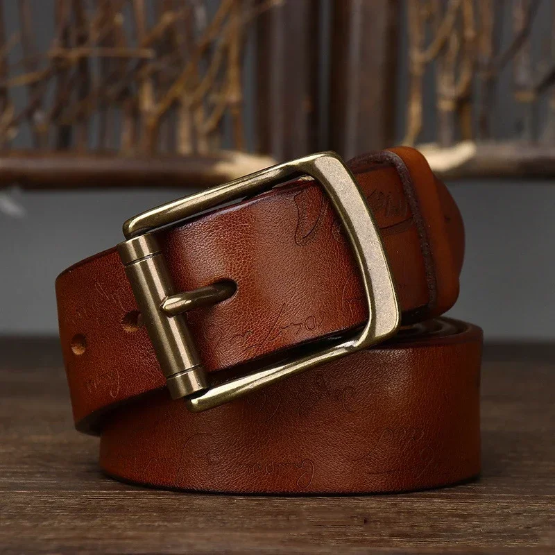 3.8CM Men High Quality Genuine Leather Belt Laser Engraving Brass Pin Buckle Belts Pure Cowskin Vintage Strap Male Jeans for Man